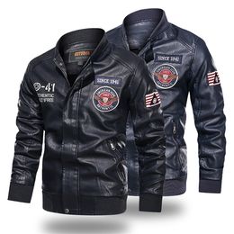 Leather Men Baseball Embroidered Pu Coats Men's Faux Bomber Pilot Fleece Man Stand Collar Biker Jacket Coat C1120