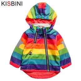 KISBINI Boys Girl Jacket Rainbow Striped Hooded Zipper Coats For Kids Children Baby Windbreaker Outerwear Toddler Fleece Coat 201104