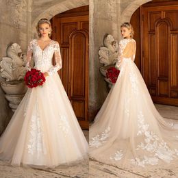 Chen Plus Kitty Size A Line Dresses Lace Appliqued Bridal Gowns V Neck Long Sleeves Backless Wedding Dress Vestidos De Novia ppliqued estidos