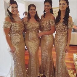 Sparkly Mermaid Bridesmaid Dress 2022 Long Off the Shoulder Pleats Gold Sequin Boat Neckline Formal Dresses Custom Made