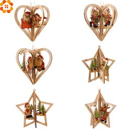 3Sets 3D Creative Christmas Wooden Pendants Ornaments DIY Star&Heart Wood Craft Christmas Decorations Tree Ornaments Kids Gifts Y201020