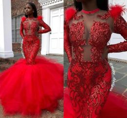 Red Sparkly Sequins Prom Dresses Long Sleeves Jewel Neck Illusion Feather Ruched Pleats Evening Juniors Graduation Party Gown Formal Occasion Wear Custom Made