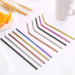 Stainless Steel Reusable Drinking Straws Sturdy Bent and Straight Colourful Metal Tips with Cleaner Brush Kitchen Tool WWQ