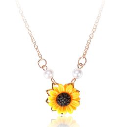 Sweet Sunflower Imitation Pearl Sweater Necklaces Pendants Yellow flower Pendant Jewelry Necklace for Women