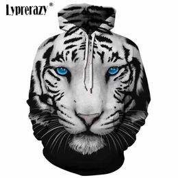 Lyprerazy Men/Women Hooded Hoodies White tiger Print 3d Sweatshirts With Hat Autumn Winter Thin Hoody Tops 201020