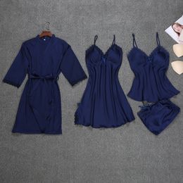 Fashion Robe 4 Pieces Robe+Nightdress+Top+Shorts Silk Satin Bathrobe Summer Sleepwear Lace Nightwear Set For Women Y200429