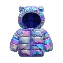 New cute baby girl jacket rainbow Glossy kids boy fashion jacket with ears winter hooded jacket for girls baby boys clothes LJ200828