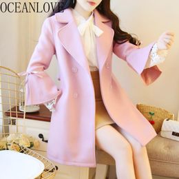 OCEANLOVE Thick Solid Pink Sweet Abrigos Mujer Invierno V Neck Flare Sleeve Double Breasted Wool Coat Women Winter 13121 201102