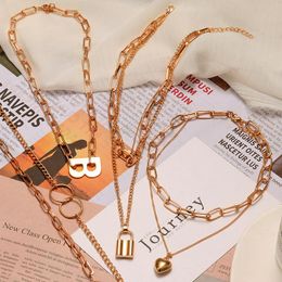 multi layered gold necklace Australia - Pendant Necklaces Punk Multi-layer Gold Metal Necklace For Women Fashion Heart Lock 2021 Trend Chunky Chain Choker Jewelry