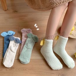Winter Fashion Accessories Warm Fluffy Women Sock Cute Soft Elastic Coral Velvet Bowknot Socks Indoor Floor Towel Socks Breathable Pure Colour