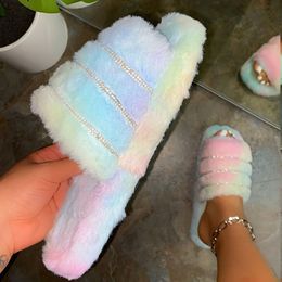 Hot Sale Fashion Summer Women Furry Slides Faux Fur Slippers Rhinestone Sandals Plush Cute Kawaii Designer Slippers Peep-Toe Platform Shoe