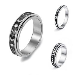 Cluster Rings Jewellery Stars&Moon Vintage Unisex Rotate Freely Spinner Ring Anxiety Figet Titanium Steel