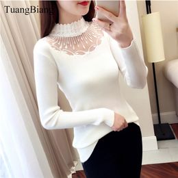 Lace Turtleneck Pullovers Sexy Sweaters Hollow Out Winter Ladies White Sweaters Elasticity Bodycon Basic Long Sleeve Jumper 201111