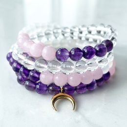 MG1399 6 mm Natural Crystals 108 Mala Bracelet Women`s Amethyst Rose Quartz Clear Quartz Bracelets Yoga Spiritual Energy Jewellery