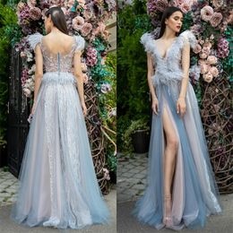 Light Sky Blue Prom Dresses Luxury Feather Sequins Appliqued Lace Sexy V Neck Side Solit Formal Evening Gowns Custom Made Party Dresses