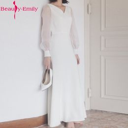 Romantic Simple White Evening Dresses Ankle Length Sexy V Neck A Line Dress 2020 Long Sleeve Satin Elegant Formal Party Dresses LJ201123