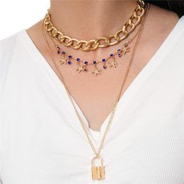 3 Layer Lock Chain Necklace Punk Sweater Long Chain Neck Pendant Necklace Women Fashion Gothic Jewellery Starfish Pendant