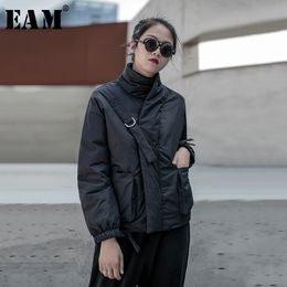 [EAM] Black Warm Buckle Cotton-padded Coat Long Sleeve Loose Fit Women Parkas Fashion Tide New Spring Autumn 19A-a819 201019