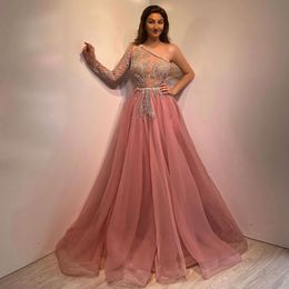 Dust Pink Beading Prom Dresses One Shoulder Neck Long Sleeve Evening Gowns A Line Floor Length Tulle Formal Dress