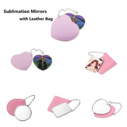 Sublimation Mirrors with Leather Bag Portable Round Cosmetic Mirror Blank Aluminium Sheet Girl Small Gift Wedding Business Supply DIY Custom Heart Valentine
