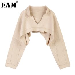 [EAM] Apricot Brief Big Size Short Knitting Sweater Loose Fit V-Neck Long Sleeve Women Pullovers New Fashion Spring 1S363 201111