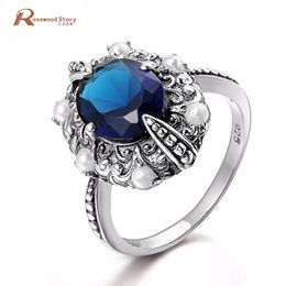 Vintage 925 Real Sterling Silver Ring Female Created Sapphire Stone For Women Fashion Pearl Ring Finger Charm Handmade Jewellery
