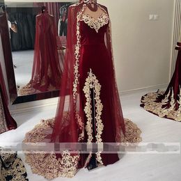 2021 Burgundy Karakou Algerian Caftan Mermaid Evening Dresses With Lace Shawal gold sleeves sweetheart Velvet Prom Dress Party Gowns