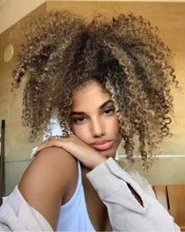 Honey Blonde Afro Puff Drawstring Ponytail Extension Bun raw virgin Hair 16inch 1pcs Fluffy Kinky Curly ponytail extensions Hairpieces Updo Donut Chignon 120g