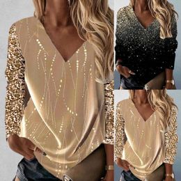 Women's Blouses & Shirts Sexy Glitter Sleeve Stitching Office Pullover Party Blouse Cosy Women Fashion Patchwork Shiny Print Top Streetwear