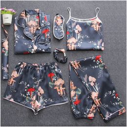 7Pcs Women Clothing Home Wear Pyjamas Set Print Satin Silk Nightwear Thick Soft Lingerie Top+trousers+shorts+vest+blindfold 210203