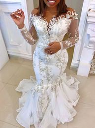 2021 Plus Size Arabic Aso Ebi Luxurious Lace Beaded Wedding Dresses Sheer Neck Bridal Dresses Mermaid Wedding Gowns ZJ236