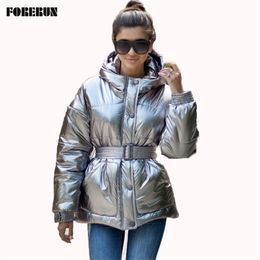 Glossy Silver Winter Jacket Women with Belt Cotton Padded Bomber Hooded Puffer Coat Abrigos Mujer Invierno 201110