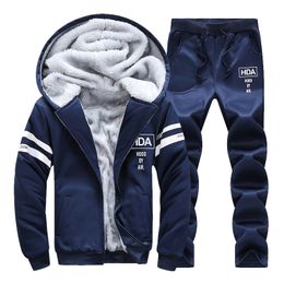 Men 2 Pcs Set Thick Fleece Lined Hoodie and Sweatpant Sets Male Casual Tracksuit Winter Zipper Windbreak Warm Outwear Brand 201204