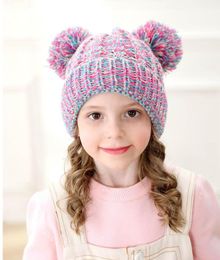 Girls Boys Big Fur Double Hair Ball Twist Pattern Beanies Hat Autumn Winter Casual Children Soft Winter Warm Knitted Cute Caps