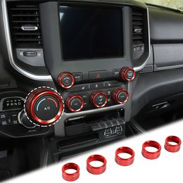 Aluminium Alloy Centre Console AC Radio Switch Knob Cover for 2018 2019 2020 Dodge RAM, 5pcs Red