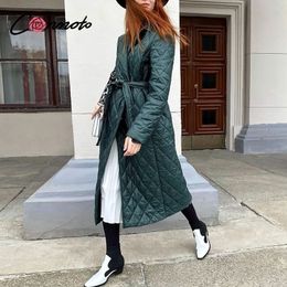 Conmoto Long straight coat with rhombus pattern Casual sashes women winter parka Deep pockets tailored collar stylish outerwear 201120