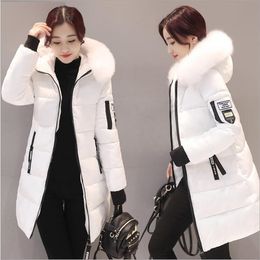 Women Hooded Warm Wadded Coat Winter Jackets Big Fur Collar Slim Mid-Long Fashion Thick Down Cotton Parka Female Plus Size 201027