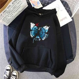 Blue Butterfly Print Man Sweatshirt Oversize Fleece Pocket Hooded Sweatshirt Vintage Comfortable Hoody Hip Hop Anime Streetwear H1227