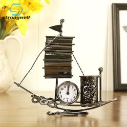 Strongwell Iron Sailing Model Clock Ornaments Antique Craft Pen Holder Multifunctional Home Decoration Accessories Room Gifts T200703