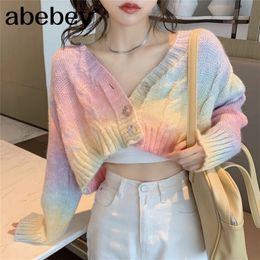 Fall Knitted Cardigan Button Up Korean Cute Sweaters Cropped Cardigan Women Kawaii Crop Sweater Knitting Top Streetwear 201222