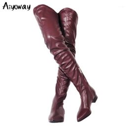 New Sexy Plus Size 34-47 Casual Winter Zip Over The Knee Boots Ladies Women PU Leather Black Pleated Thigh High Boots Aiyoway1