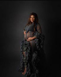 Sexy Grey Photography Dress See Thru Long Prom Dresses With Puff Full Sleeves Prom Gowns Ruffles Tiered Pregnant Woman Long Robe