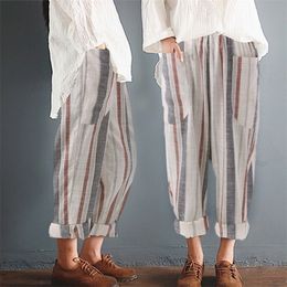 Plus Size Cotton Linen Trousers Women Summer Loose Harem High Waist Stripe Pocket Pant Casual Pantalon Female Sweatpants Trouser 201031