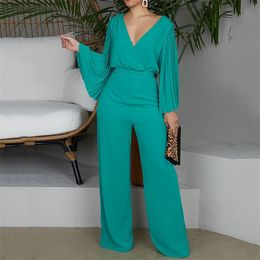 Plus Size 2XL Sexy V-Neck Wide Leg Jumpsuit Pleated Sleeve High Waist Straight Pants Elegant OL Women Sets New Trendy T200509