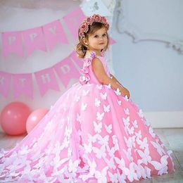 Ball Gown Flower Girl Dresses Tulle 3D Floral Appliques Pageant Gowns Butterfly Communion Fancy Dress Costumes Kids Formal