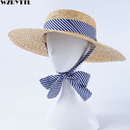 New Women Wide Brim Wheat Straw Hats Summer Beach Sun Hat with Navy Blue Striped Ribbon Tie Boater Hat Vocation Derby Cap Y200714