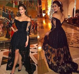 Black Lace Evening Dresses High Low Beaded 3/4 Long Sleeves Off The Shoulder Plus Size Prom Formal Tail Party Gown Vestidos 403