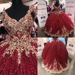 Glittery Tulle Quinceanera Dresses Ball Gown For Women Cap Short Sleeve Gold Floral Applique Beaded Corset Back Floor Length Prom Sweet 16