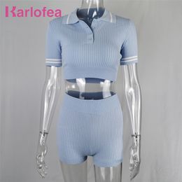 Karlofea Lady Knitted Shorts Set Fashion Casual 2 Piece Matching Suit Street Wear Lovely Comfort Lounge Sets Chic Workout Wear T200702