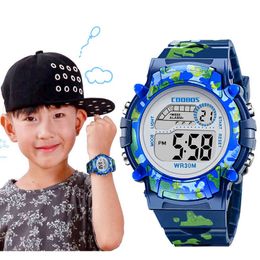 Navy Blue Camouflage Kids Watches Led Colorful Flash Digital Waterproof Alarm for Boys Girls Date Week Creative Children's Clock